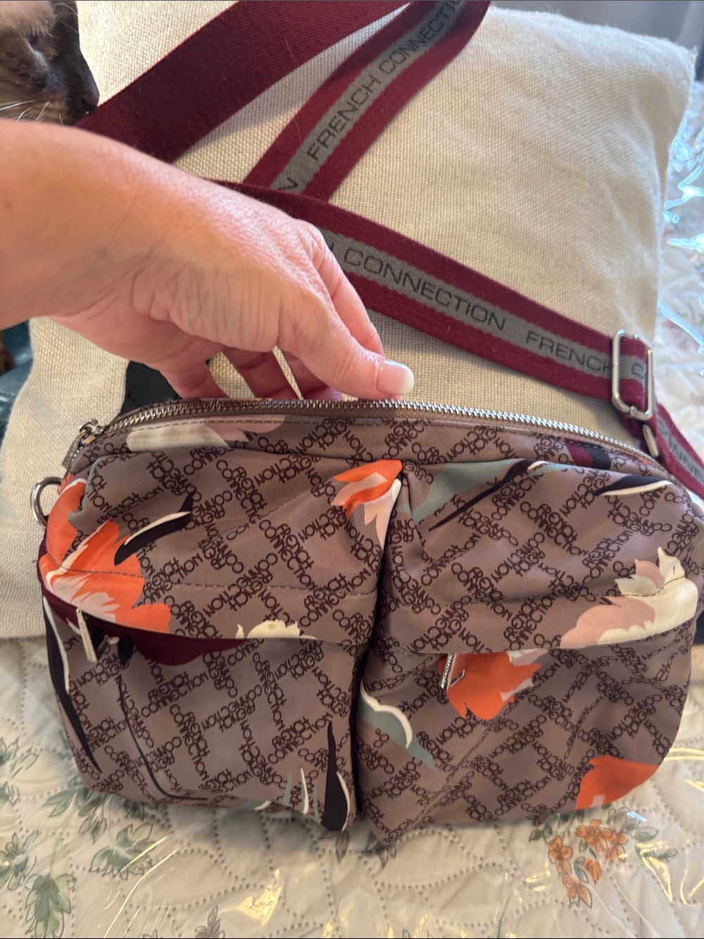 French Connection Taupe Floral Logo Crossbody with Burgundy Strap
